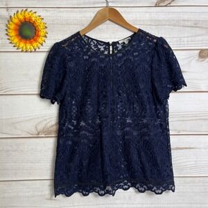 Joie Women's Lace Top Back Button Down Short Sleeve Navy Blue Size M